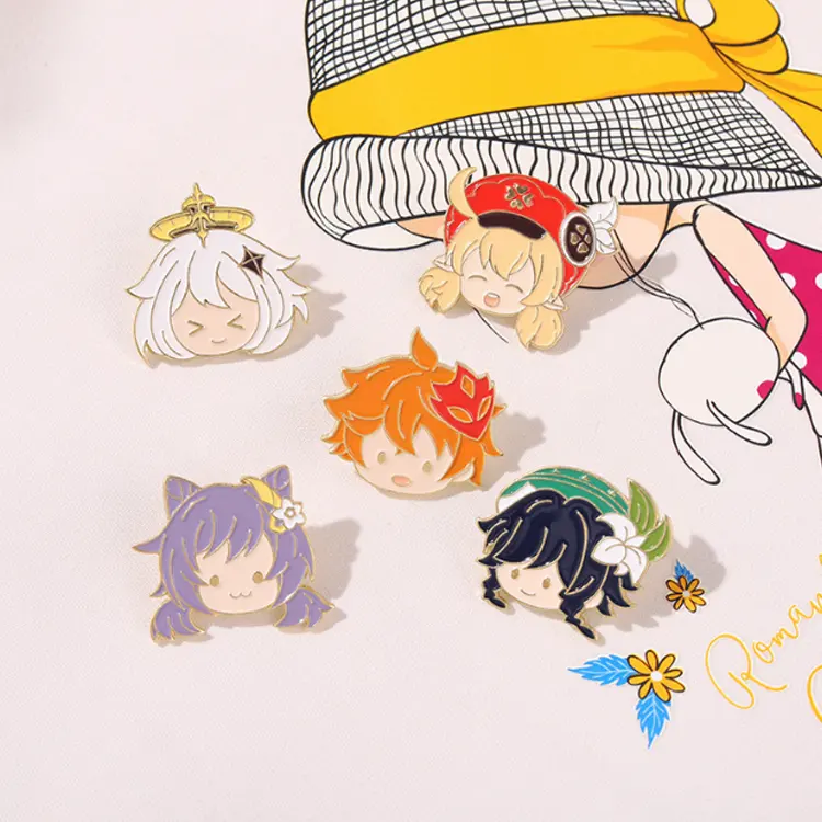 Wholesale Cute Gold Genshin Impact Anime Pins Custom Cartoon Brooch Mini Head Pin Metal Badges