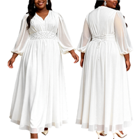 ADR060379 Robes de soirée tendance grandes tailles, col en V, manches lanternes, robe en mousseline de soie blanche, robes longues pour femmes, robes de soirée