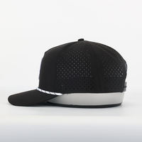 Casquette de baseball en polyester avec logo brodé personnalisé, vente en gros OEM, casquette de sport imperméable de haute qualité à 5 panneaux avec trous découpés au laser, Gorras