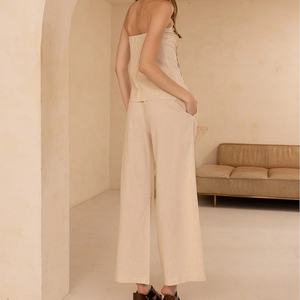 ชุดแฟชั่นลำลองขายส่งมาแรงใหม่ล่าสุด เสื้อแขนกุดผ้าลินินและกางเกงขายาวทรงกว้าง ชุดเซ็ตสองชิ้นสำหรับผู้หญิง - Product Image 4