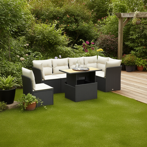 Cream White And Black Garden <b>Sofa</b> Set With Table 6 Seater <b>Rattan</b> Outdoor Furniture Contemporary Design - Product Image 2