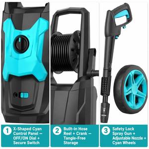 Nettoyeur haute pression électrique 2000W avec enrouleur de tuyau, conception X-Panel, machine de lavage de voiture portable, nettoyeur puissant, accent cyan, usage intensif - Product Image 3