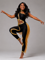 Costume de danse personnalisé pour femmes, combinaison à franges en sequins noirs et dorés, tenue de spectacle sur scène