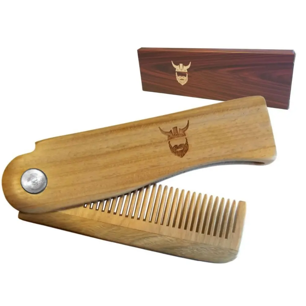 private label custom logo beard template straightener hair mens wooden grooming shaping folding comb kit