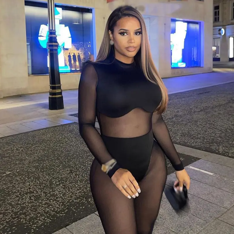 New Arrivals 2022 Spring Summer Black One Piece Jumpsuit Long Sleeve Mesh See-Through Sheer Jumpsuit