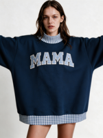 Sweat-shirt à col montant brodé patchwork pour femme, en mélange de coton, manches longues, style décontracté, pull d'automne, vente en gros