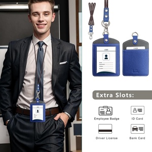 Boshiho Badge <b>Holder</b> Cowhide Leather <b>ID</b> Badge Card <b>Holder</b> with 19" Neck Lanyard Vertical Style <b>ID</b> Card <b>Holder</b> - Product Image 4