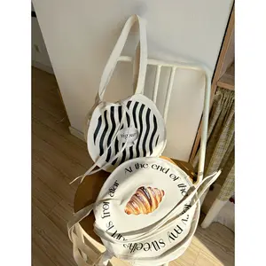 Bolso de mano pequeño blanco y trasero, bolso de mano de lona personalizado de algodón para la playa, bolso de mano de lona circular redondo con cremallera