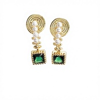 Boucles d'oreilles pendantes élégantes en zircon vert imitation perle, plaquées or, géométriques, tendance, pour femmes, pour mariage et usage quotidien