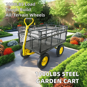 Chariot de jardin en métal en acier à poignée rotative à 180 ° Pneus de 13 pouces Capacité de 1000LBS Chariot à plate-forme à quatre roues personnalisable OEM - Product Image 2