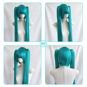 Perruque complète universelle <span class=keywords><strong>Hatsune</strong></span> Anime <span class=keywords><strong>Cosplay</strong></span>, 40 pouces, bleue, réglable, lisse et ondulée, double queue de cheval, vente en gros pour Halloween - Product Image 5