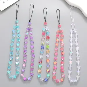 REWIN Fancy Iridescent Heart Star Crystal Beads Hand Wrist Keychain Mobile Cell Phone Chain Strap for Girls