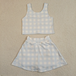 Nouvel Arrivage Vente Chaude Usine Vêtements Enfants Filles Bébés Enfants Ensemble Yoga Actif Haut Rayé Bleu Short Jupe - Product Image 5