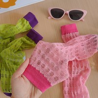 Chaussettes mi-mollet pour femme, fines, en coton et maille respirante, style coréen, à blocs de couleur contrastants, ajourées et froncées, pour l'été, vendues à l'unité