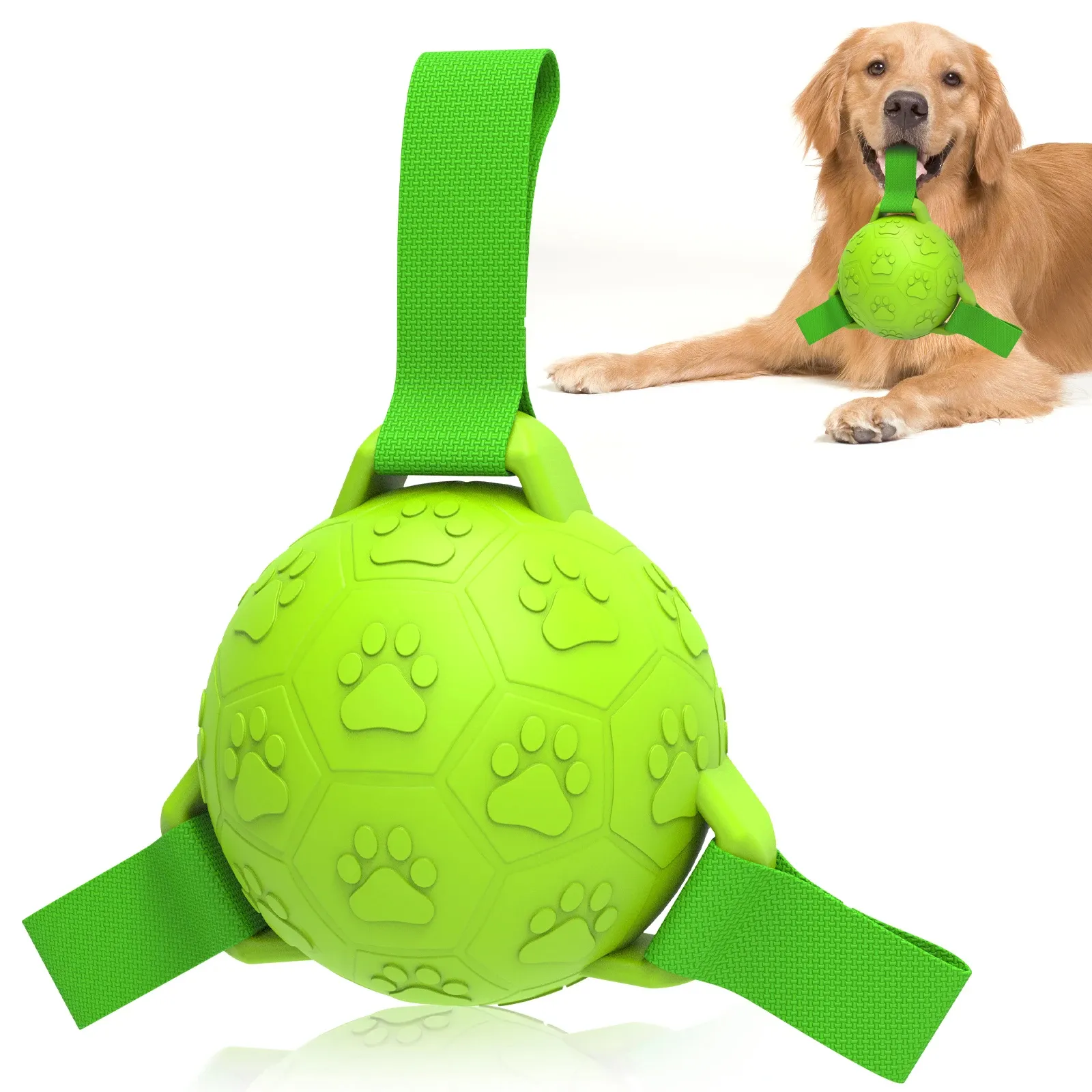 ペット用品特許高品質天然ゴム不滅の犬ナイロン織りストラップインタラクティブ犬サッカーボールおもちゃ