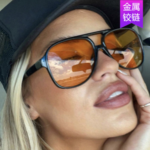 Oversized Aviator Sunglasses <b>Black</b> <b>Frame</b> Pc Material Uv400 Protection Fashionable Style For Women - Product Image 3