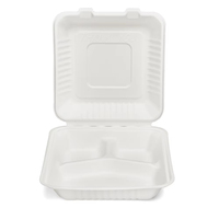 Boîte à lunch biodégradable en bagasse à 3 compartiments, conteneur jetable à clapet pour plats à emporter et traiteur