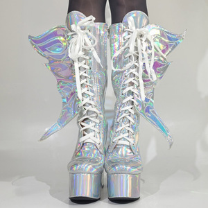 Big Size 47 Women's Silver Florescent Patent Knee High <b>Boots</b> Ladies High Chunky Heels Shoes Big Wings Long Booties - Product Image 3