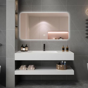 Mueble de baño de pizarra blanco puro de doble capa sin juntas con lavabo cerámico integrado - Product Image 1