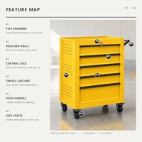 Armoire à outils roulante industrielle jaune à 5 tiroirs, coffre en acier sur roulettes pivotantes avec serrure et poignée latérale pour atelier
