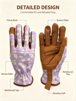 Gants de jardinage sportifs à motif floral haute adhérence, paume en tissu à coutures renforcées, protection UV, doigts entiers, ajustables, pour la maison