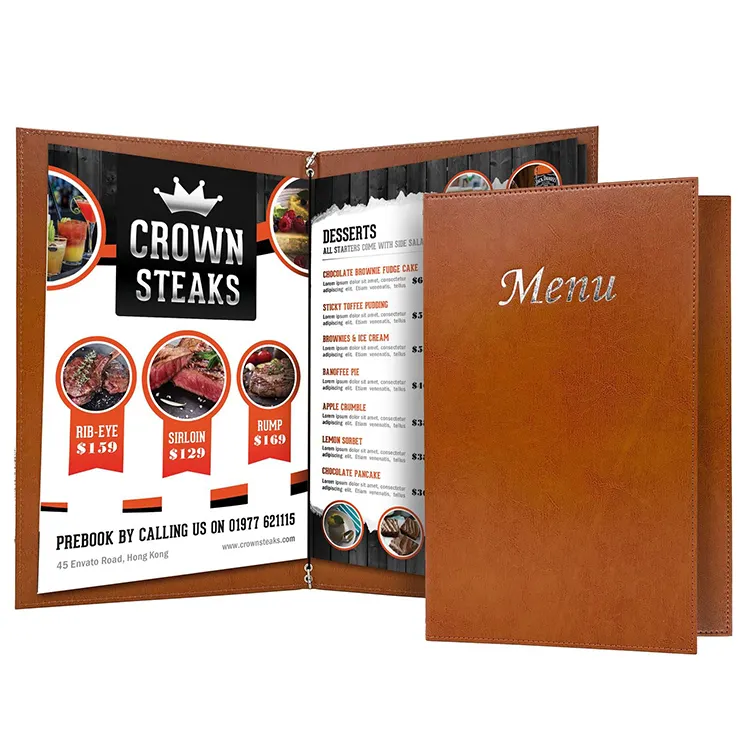 Stitched PU Menu Restaurant Leather Cover With Elastic Strap