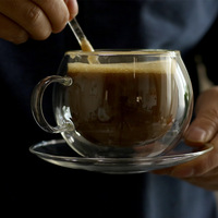 Lot de tasses à café en verre borosilicate à double paroi, design moderne, marque YQ, avec poignées, cuillères et soucoupes – Compatible lave-vaisselle et micro-ondes