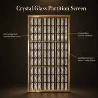 Paravent en verre cristal avec cadre en acier inoxydable doré, cloison suspendue en cristal, idéal pour hôtel de luxe, salon ou entrée.