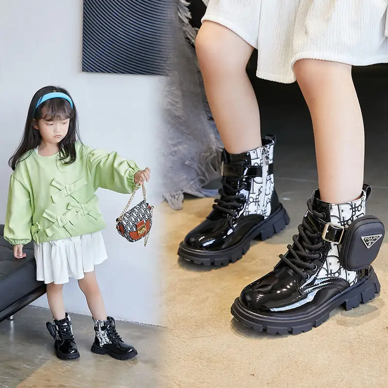 2022 Kids Shoes Wholesale Martin Boots Black Lace Up Zipper Patchwork Ankle Length Out Wear Boots For Kids Children