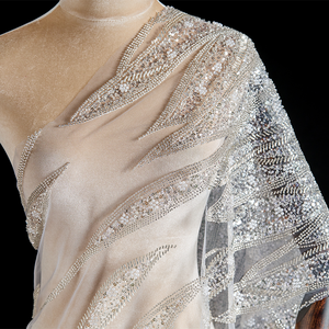 カスタムポリエステル光沢ビーズレース生地シンプルホワイトスパンコール刺繍ビーズメッシュ生地ドレス用 - Product Image 3