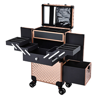 Professionnel Or Train Cosmétique Cas Ouvert Portable Chariot Roues Grande Capacité Maquillage Artiste Plateau Tiroir Voyage Accessoire