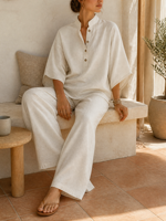 Ensemble deux pièces décontracté Joydressing pour femme : haut à col montant ivoire et pantalon large – Tenue de villégiature