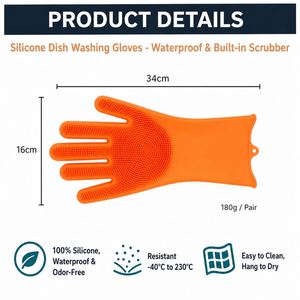 CWM Logo Reusable Waterproof <b>Silicone</b> Dishwashing Gloves <b>Scrubber</b> Bristles Heat Resistant Long Cuff Kitchen Cleaning OEM ODM - Product Image 2