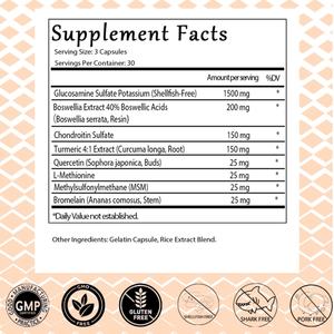 Complément alimentaire à base de glucosamine, chondroïtine, MSM et curcuma, 90 capsules, pour le soutien des articulations, le cartilage, la santé des articulations et la flexibilité. - Product Image 2