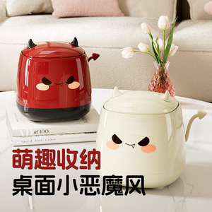 Creative Cartoon Desktop Trash Can Round Flip Top Lid Large Capacity Indoor Use Milky White Red Color - Product Image 2
