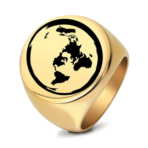 Anillo Redondo con Mapa del Mundo Grabado con Láser, 22 mm, Dorado, Joyería de Moda para Hombre, Regalo - Product Image 1