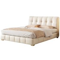 Französischer Stil Cremefarbenes Modernes Minimalistisches Soft-Cloud-Bett Doppelbett mit Stauraum Hohe Box-Struktur Echtleder-Polsterung Massivholz