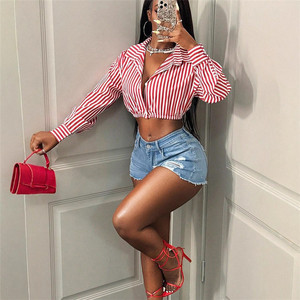 Camicia <span class=keywords><strong>Vintage</strong></span> Y2K a Righe con Patchwork per Donna, Top Corto con Colletto e Maniche Lunghe - Product Image 4