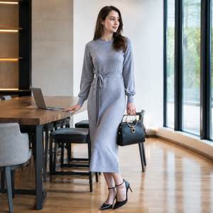 เดรสไหมพรมทรงเข้ารูปผูกเอว ความยาวปานกลาง สีเทาเฮเธอร์ คอทรงกลม แขนยาวพองฟู ลายทางแนวตั้ง ระบายอากาศได้ดี - Product Image 4