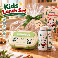 Ensemble repas scolaire imprimé panda avec bouteille à goulot étroit de 350 ml, boîte bento, serviette et couverts pour garçons et filles, ensemble boîte à lunch pour enfants