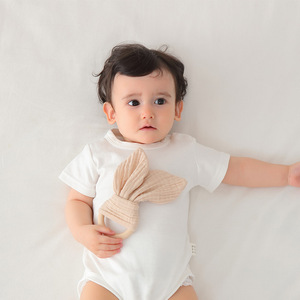 Marionnette en tissu de coton réconfortant, jouet pour bébé, aide au sommeil, avec anneau en bois, oreilles de lapin, poupée nouveau-né 31-50cm - Product Image 3