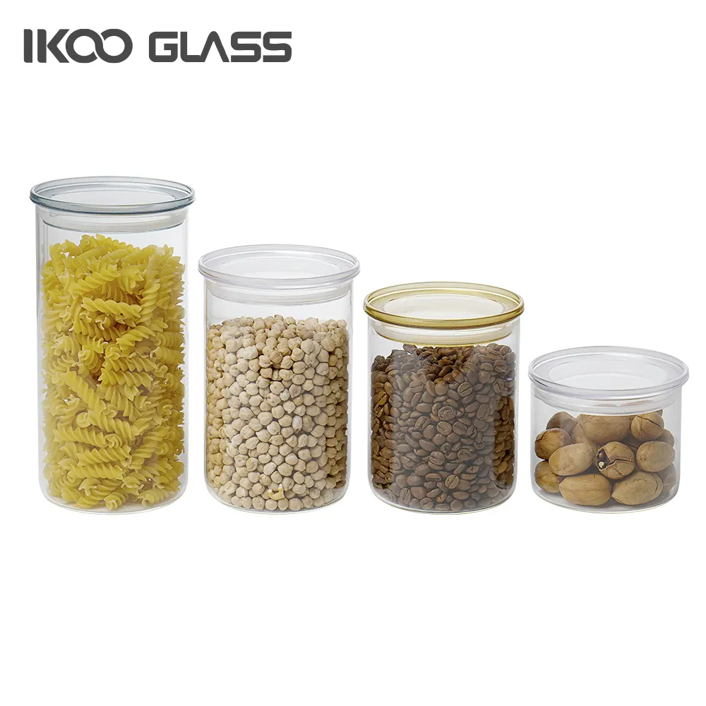 IKOO Produced 4 Piece Round/Square Transparent Glass Kitchen Storage Jar Set With Custom Colored PP Lid