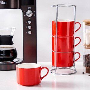 Ensemble de tasses à café en céramique blanche avec soucoupes empilables, design nordique/minimaliste, 4 pièces, pour la maison ou le bureau - Product Image 2