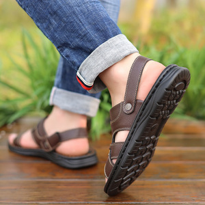 รองเท้าแตะหนังนุ่มสำหรับผู้ชายสีดำสีน้ำตาลพื้นหนากันลื่นรองเท้าชายหาดแบบสวมสำหรับวัยรุ่นอายุ 18 40 ปี - Product Image 3