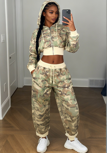 TKAN313 personnalisé camouflage pleine fermeture éclair recadrée ensemble short à capuche pour femmes coton lourd français éponge broderie Patch ensembles pour femmes - Product Image 2