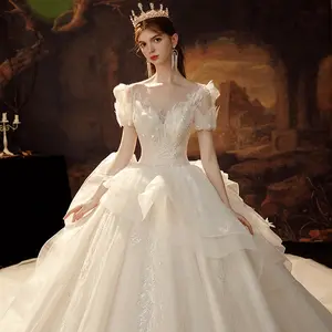 Vestido de noiva elegante francês com manga bufante, vestido vintage estilo princesa para mulheres