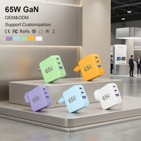 Chargeur mural USB 3 ports GaN 65W en gros, charge rapide, adaptateur d'alimentation pour ordinateur portable Type C, OEM ODM, logo personnalisé disponible