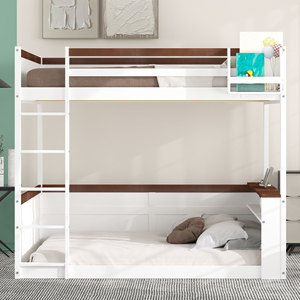 White And <b>Brown</b> Childrens Bunk Bed With <b>Storage</b> Side Table For Bedroom Furniture Kids Bed Framework Structure - Product Image 2