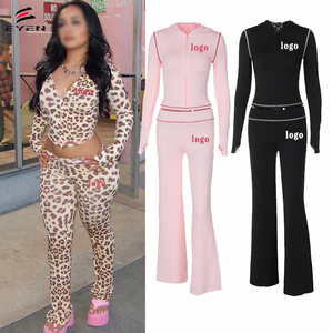定制标志女装豹纹喇叭裤裁剪连帽夹克2件套连帽套装躺椅两件套女式 - Product Image 2