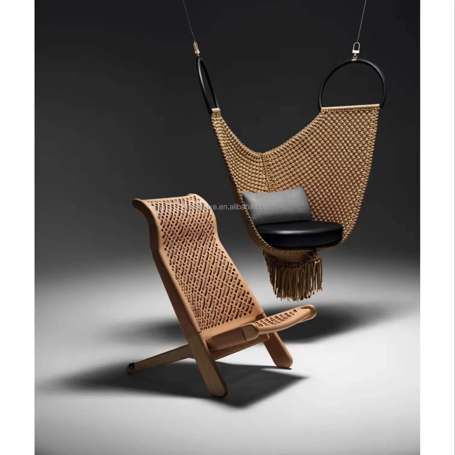 Silla de ocio tejida de madera maciza para sala de estar de lujo ligera italiana de marca de gama alta, silla colgante tejida de metal simple para exteriores